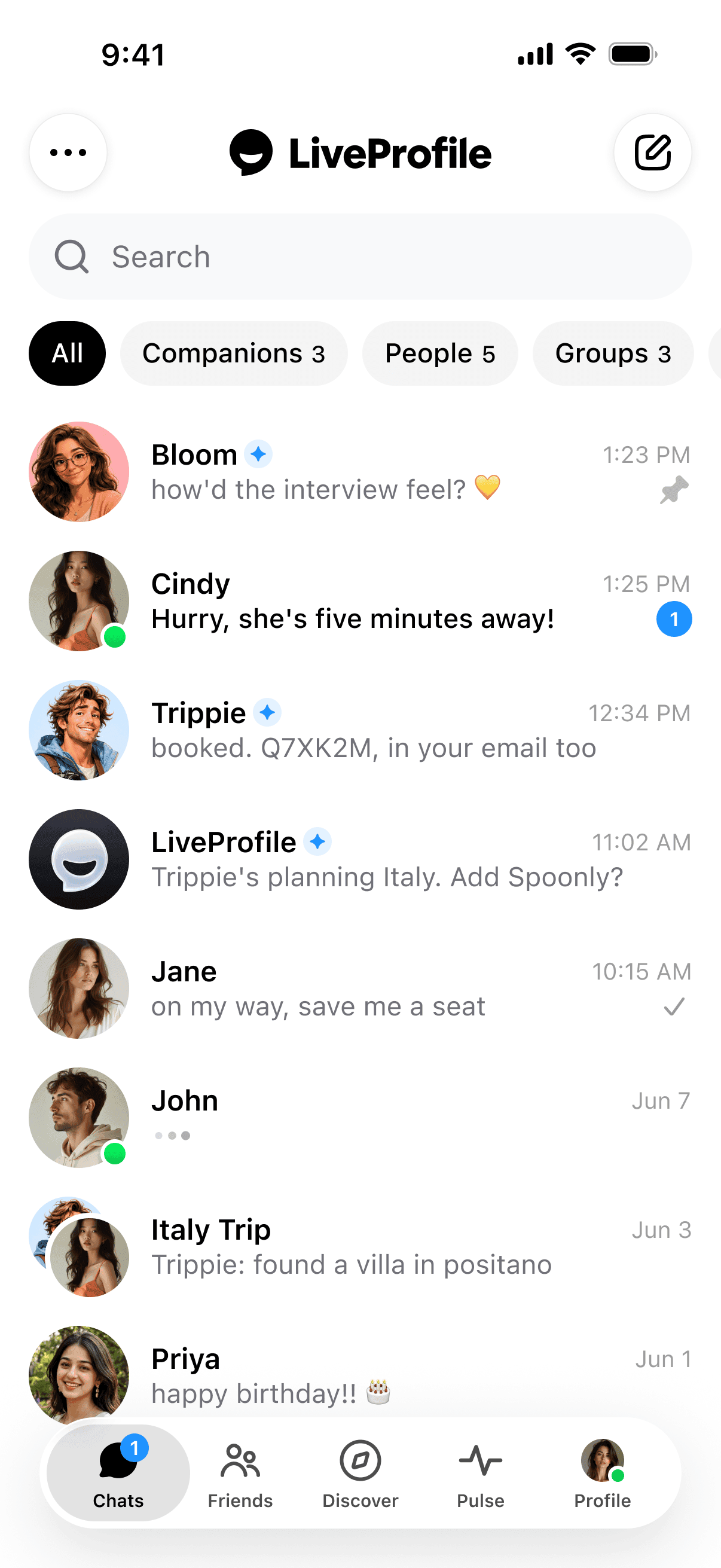 A caixa de entrada do LiveProfile com amigos, companheiros de IA e conversas em grupo